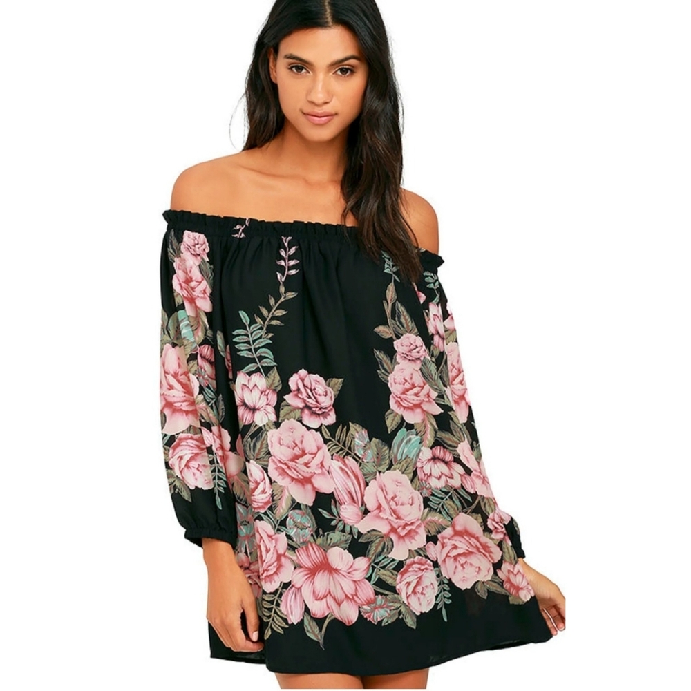 LULU'S black whimsigoth cottage Fairy pink floral long‎ sleeve Mini Dress S